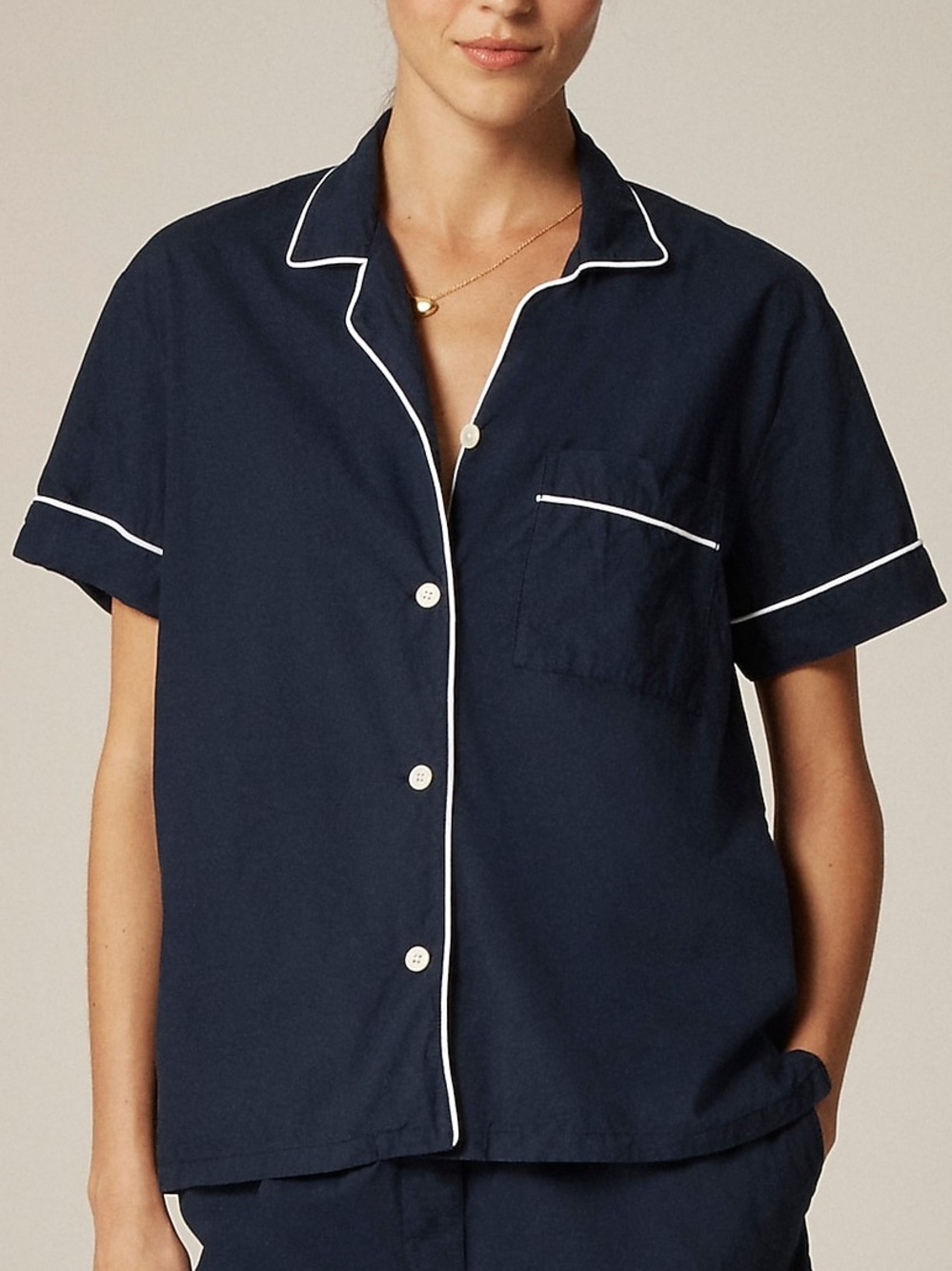 J. CREW Women’s Button Down Cotton Pajama Shirt Blue White Piping Size Small